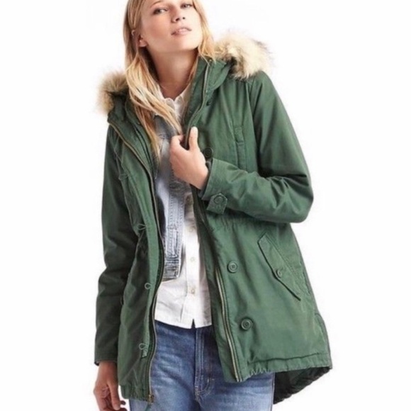 GAP Women’s Green Sherpa Lining Hooded Utility Button Zip Up Coat Size Large - Picture 1 of 14